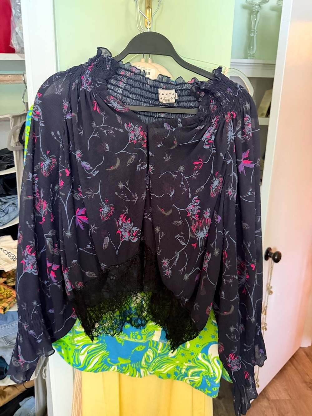Tanya Taylor Vynes Nyssa Black Floral Sheer Blouse with Lace Trim